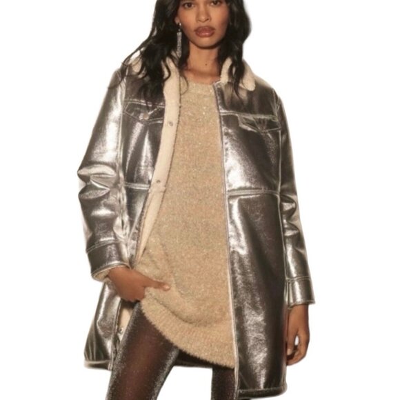 7 For All Mankind Women's Coat Size XS Metallic Silver Jacket Faux Fur NWT - Picture 1 of 16